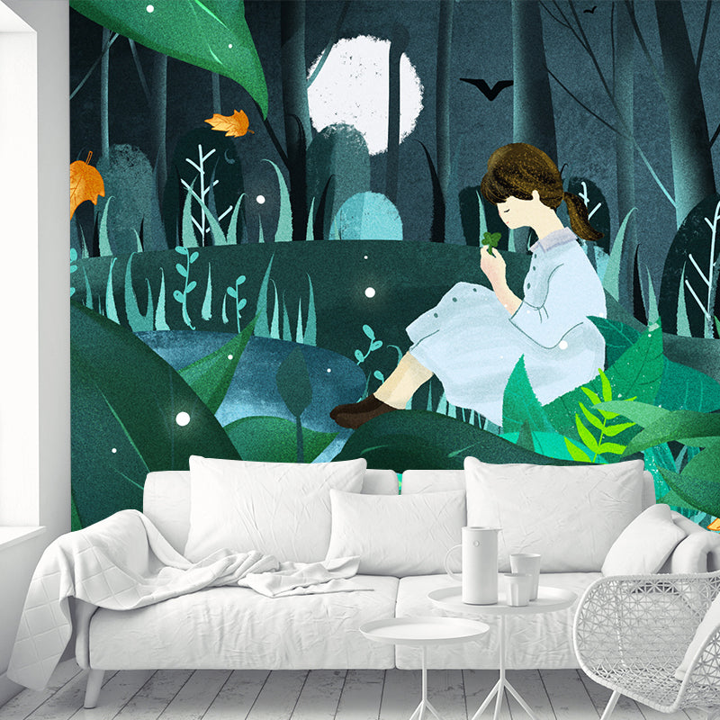 Childrens Art Moon Night Mural Green Girl in Forest Wall Decor for Bedroom, Custom-Print
