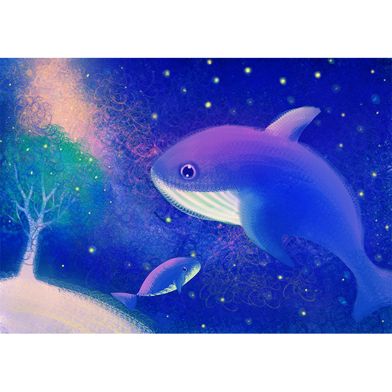 Blue-Purple Whales Wall Mural Starry Night Childrens Art Waterproof Wall Covering
