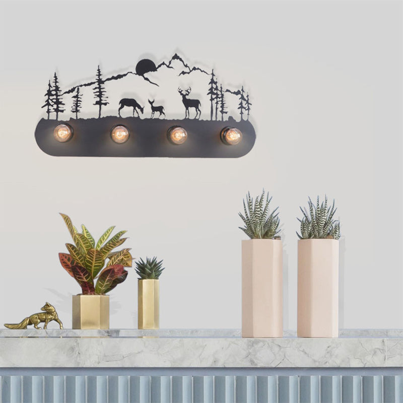 Lodge Open Bulb Wall Light with Elk/Horse/Sheep/Mountain/Windmill/Tree Design 4 Bulbs Metallic Wall Sconce in Black for Indoor