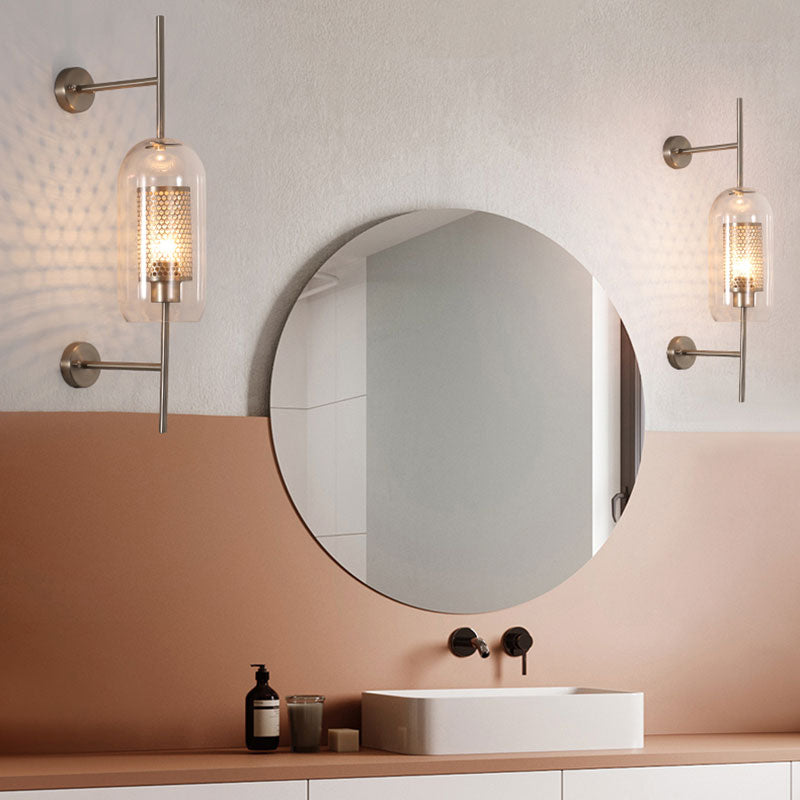 Silver/Gold Cylindrical Wall Sconce Industrial 1 Light Smoke Glass Wall Mount Light Fixture, 5"/6" Wide