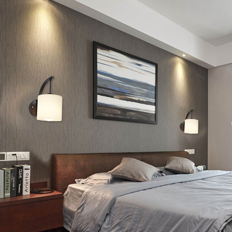 White Glass Cylindrical Wall Lighting Vintage 1 Light Wall Sconce Light in Black with Curved Arm