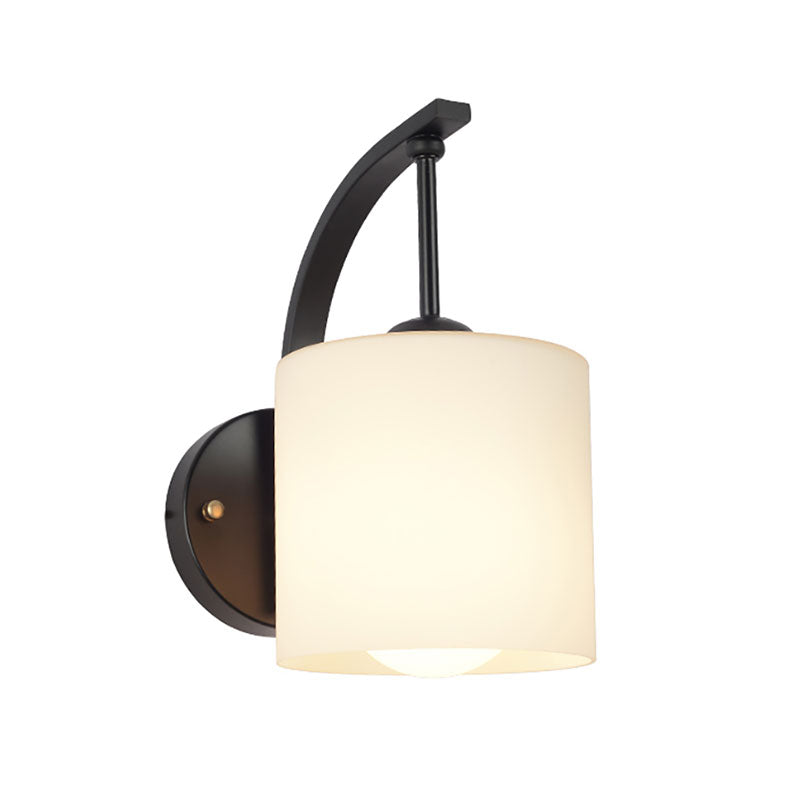 White Glass Cylindrical Wall Lighting Vintage 1 Light Wall Sconce Light in Black with Curved Arm