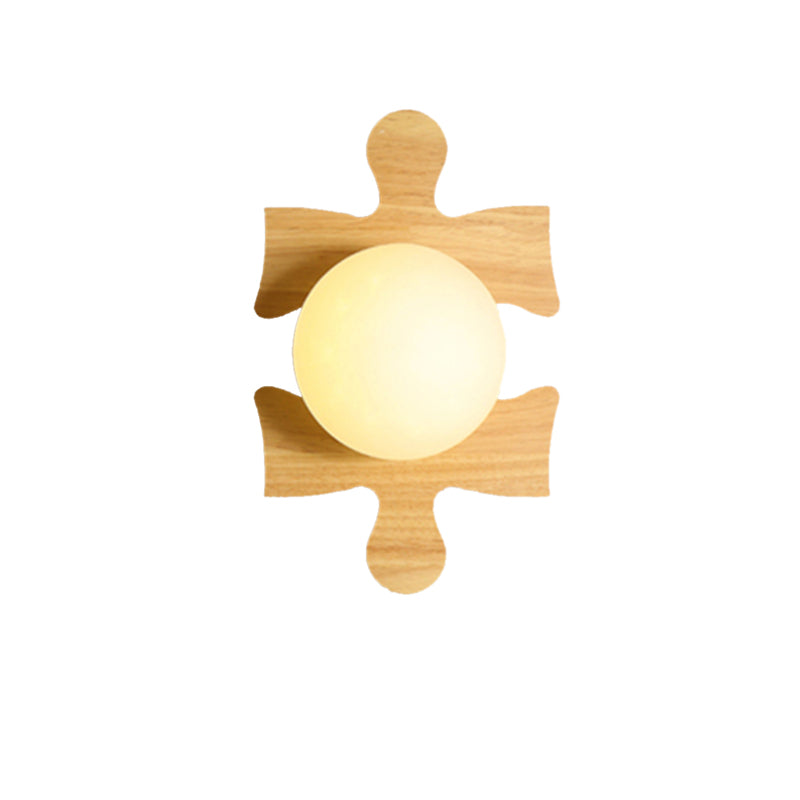 Japanese Style Orb Wall Light with Wooden Puzzle Base Glass 1 Light Beige Sconce Lamp for Corridor Kitchen