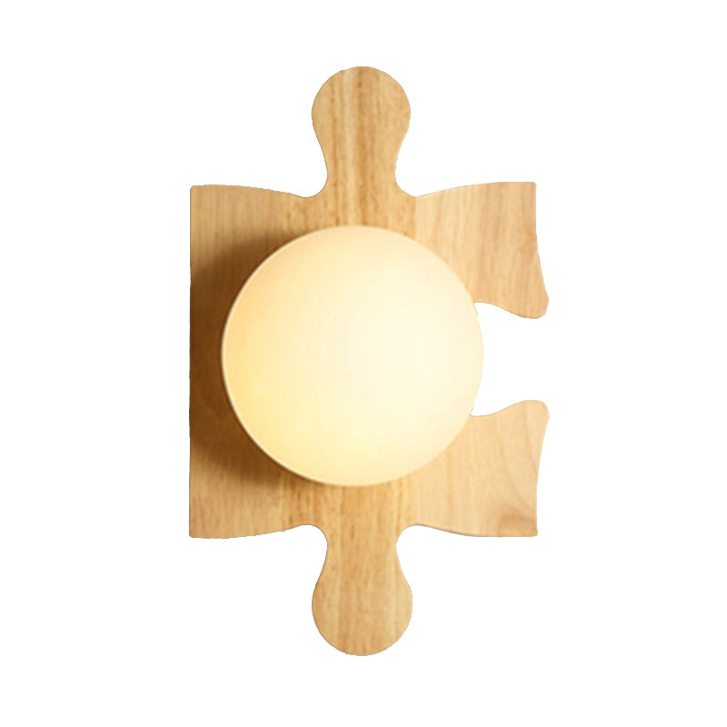 Japanese Style Orb Wall Light with Wooden Puzzle Base Glass 1 Light Beige Sconce Lamp for Corridor Kitchen