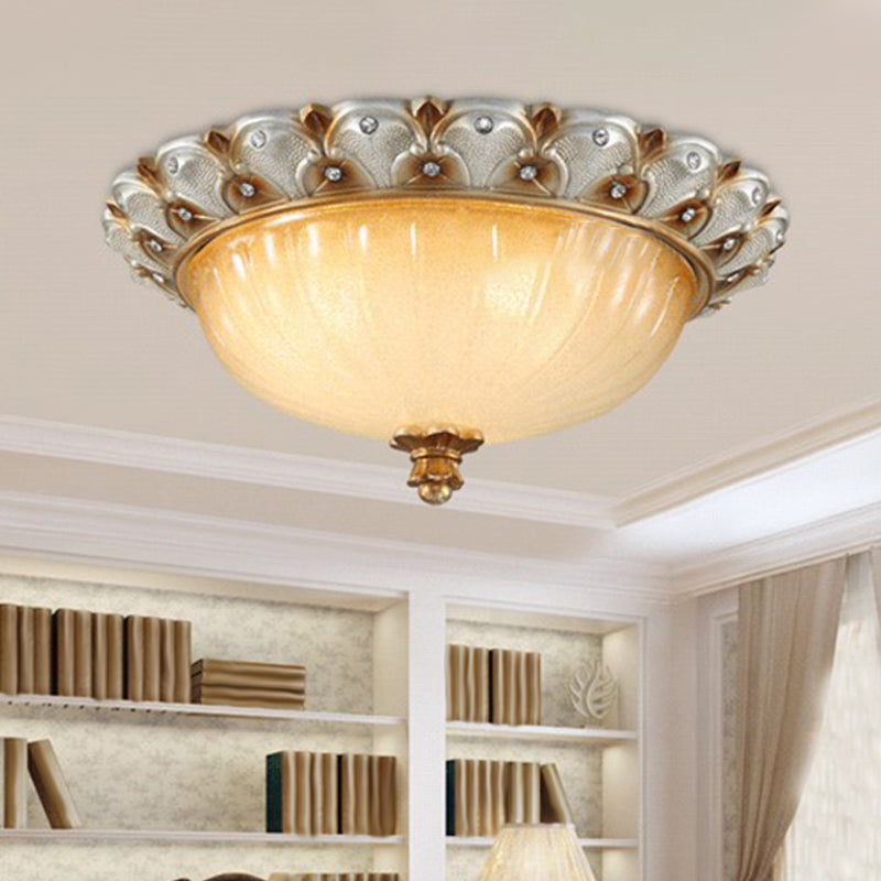 Domed Living Room Ceiling Lighting Farmhouse Ribbed Glass 16"/19.5" Wide 3 Bulbs Beige Flush Mount Light Fixture