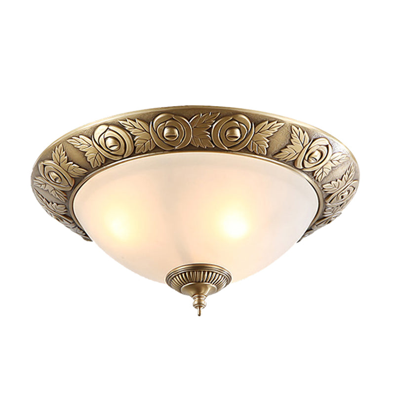 Brass Dome-Like Flush Mount Antiqued Milky Glass 2/3-Head 12"/16"/19" W Bedroom Ceiling Light Fixture