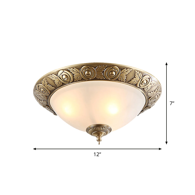 Brass Dome-Like Flush Mount Antiqued Milky Glass 2/3-Head 12"/16"/19" W Bedroom Ceiling Light Fixture