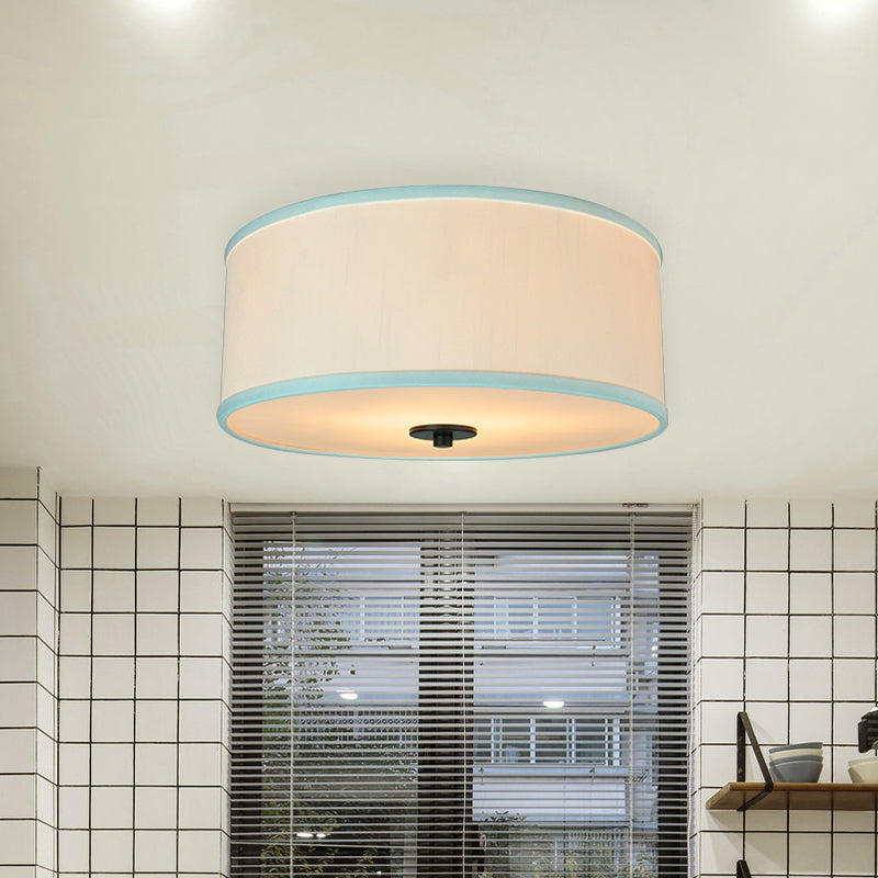 Drum Shade Flush Light Modern Fabric 5 Bulbs 16"/19.5" Wide Bedroom Ceiling Mount Fixture in Grey/White with Green Rim