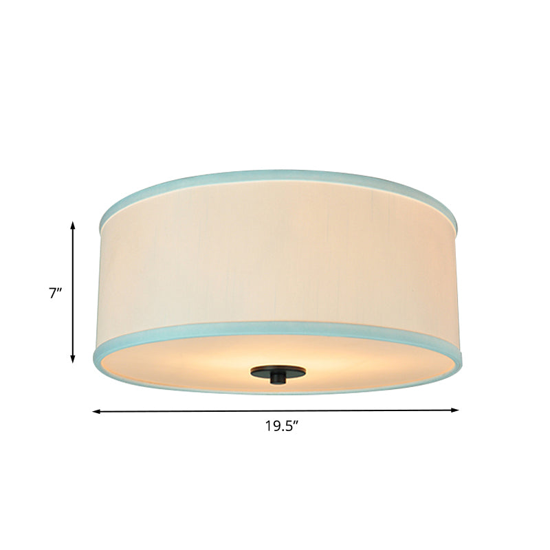 Drum Shade Flush Light Modern Fabric 5 Bulbs 16"/19.5" Wide Bedroom Ceiling Mount Fixture in Grey/White with Green Rim