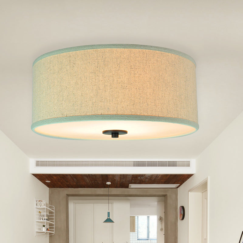 Drum Shade Flush Light Modern Fabric 5 Bulbs 16"/19.5" Wide Bedroom Ceiling Mount Fixture in Grey/White with Green Rim