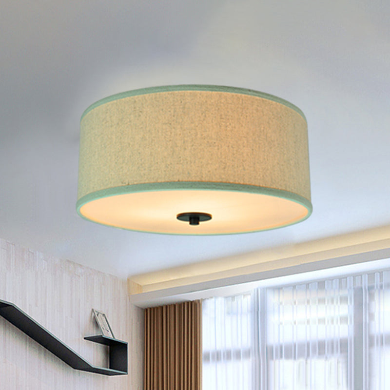 Drum Shade Flush Light Modern Fabric 5 Bulbs 16"/19.5" Wide Bedroom Ceiling Mount Fixture in Grey/White with Green Rim