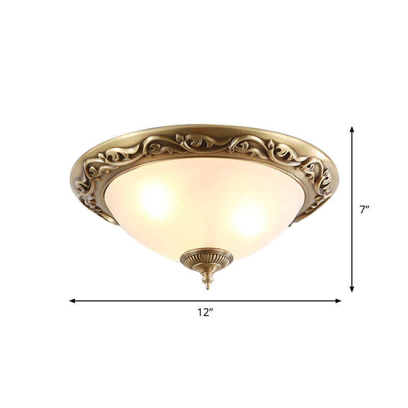 Opaline Glass Brass Flush Light Semicircle 12"/16"/19.5" Wide 2/3 Heads Traditional Ceiling Lighting for Bedroom