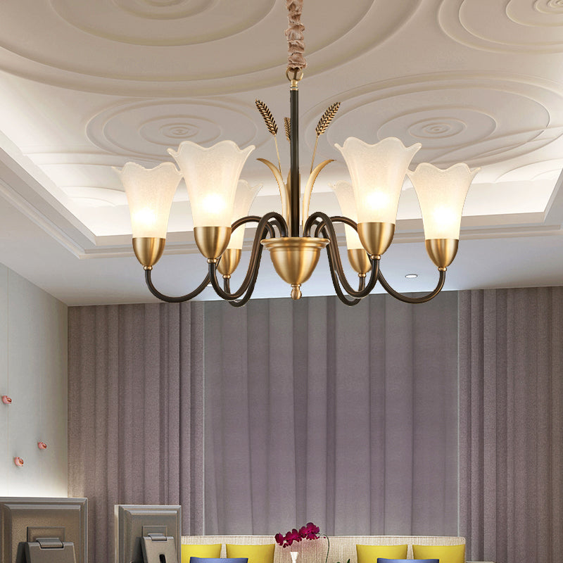 Country Style Mini Flower Pendulum Light 6/8 Bulbs Frosted Glass Hanging Chandelier with Scroll Arm in Black and Gold