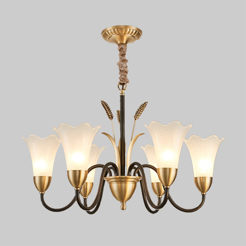 Country Style Mini Flower Pendulum Light 6/8 Bulbs Frosted Glass Hanging Chandelier with Scroll Arm in Black and Gold