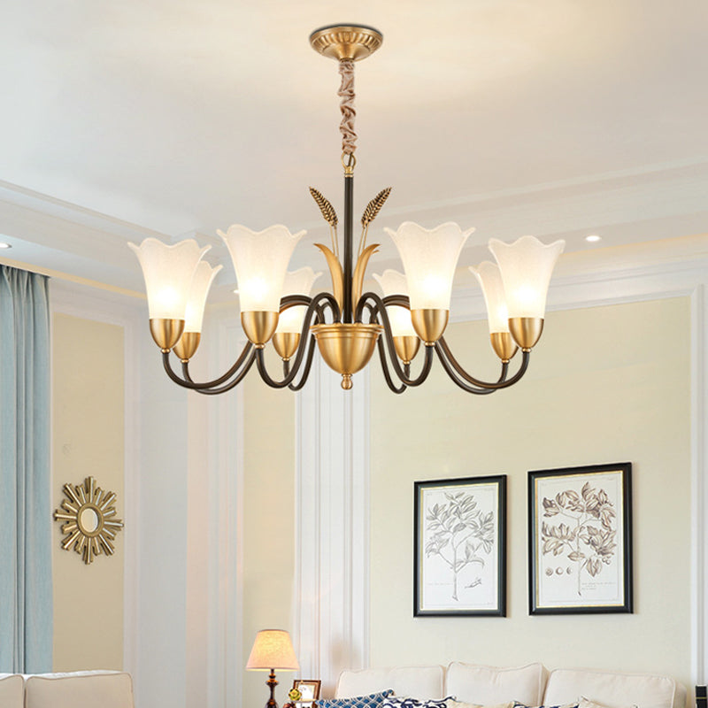 Country Style Mini Flower Pendulum Light 6/8 Bulbs Frosted Glass Hanging Chandelier with Scroll Arm in Black and Gold