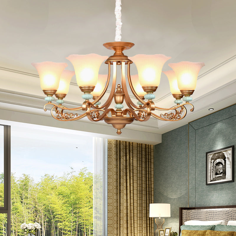 3/6/8-Head Bloom Ceiling Chandelier Rustic Style Gold Milky Glass Suspended Lighting Pendant with Curvy Arm