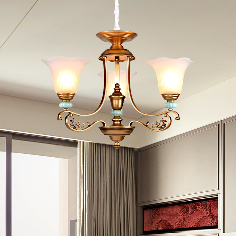 3/6/8-Head Bloom Ceiling Chandelier Rustic Style Gold Milky Glass Suspended Lighting Pendant with Curvy Arm