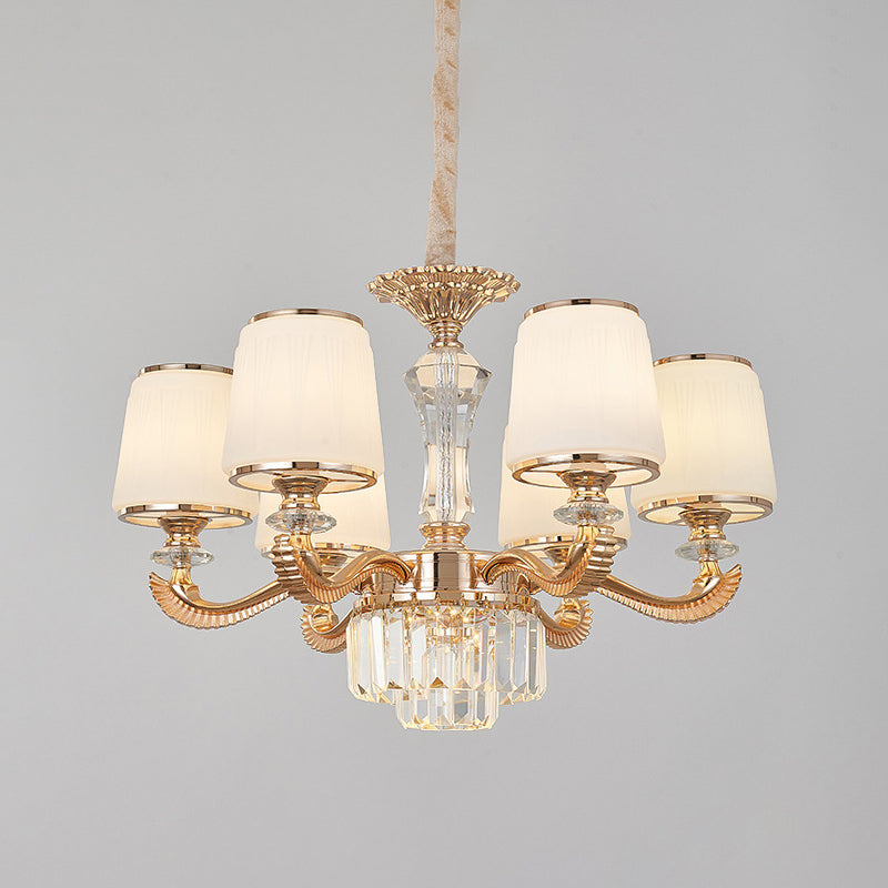 6/8-Light Ceiling Chandelier Traditional Parlor Hanging Lamp with Tapered Milk Glass Shade in Gold