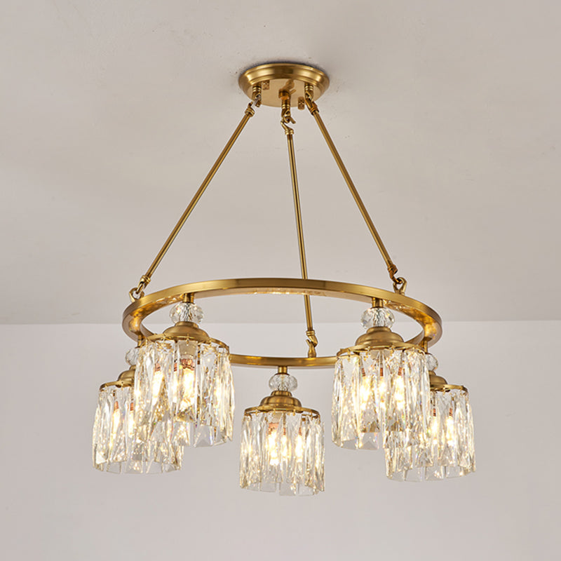 Postmoderne cirkel hangende kroonluchter 5 bollen gesneden kristalcilinder plafond hanglamp in goud