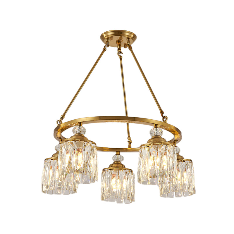 Postmodern Circle Hanging Chandelier 5 Bulbs Cut Crystal Cylinder Ceiling Pendant Light in Gold
