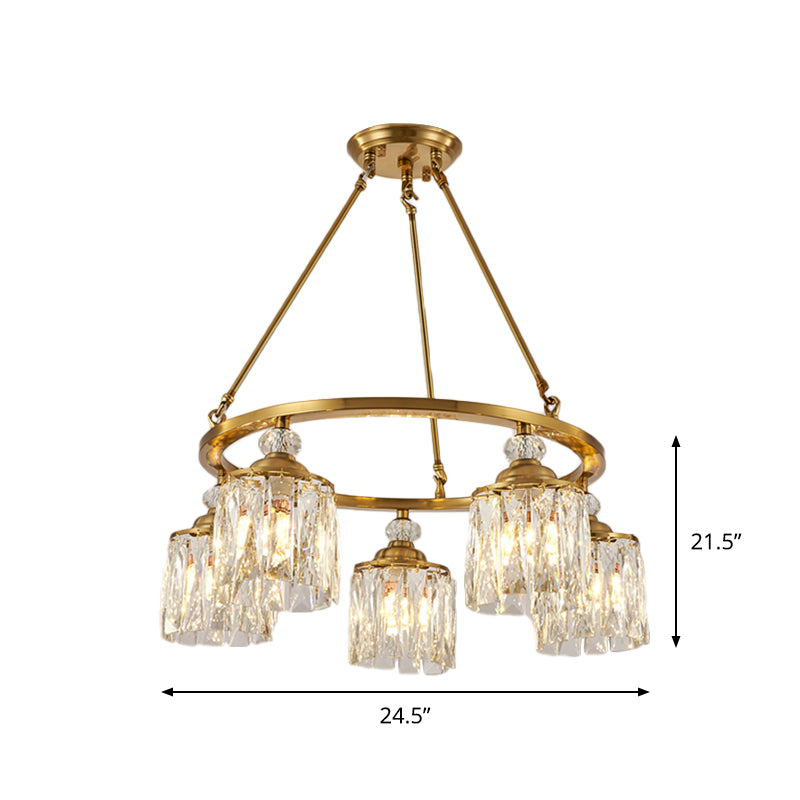 Postmodern Circle Hanging Chandelier 5 Bulbs Cut Crystal Cylinder Ceiling Pendant Light in Gold