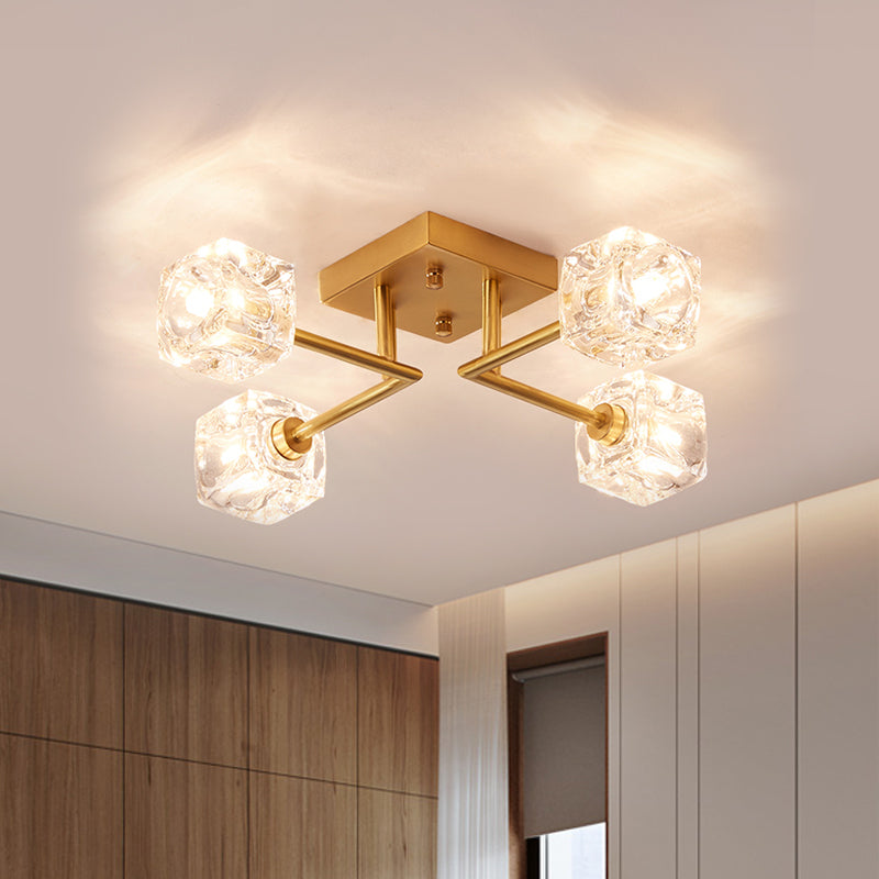 4/6-Head Cubic Crystal Ceiling Light Postmodern Gold Branching Bedroom Semi Mount Lighting