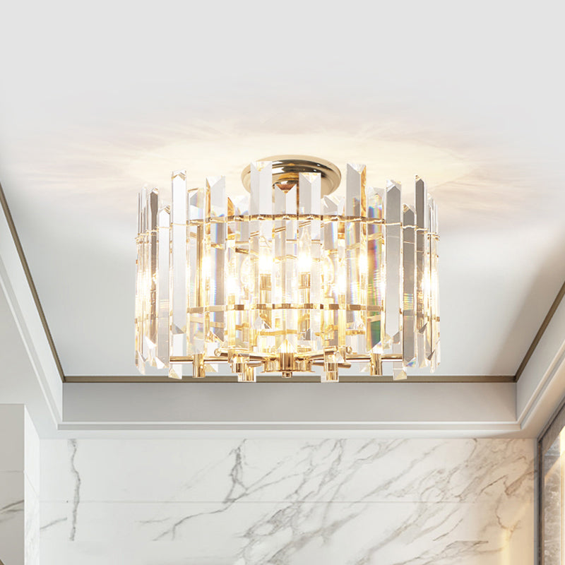 6 Lights Prismatic Crystal Semi Flush Mount Modern Gold Drum Shaped Foyer Close to Ceiling Lamp