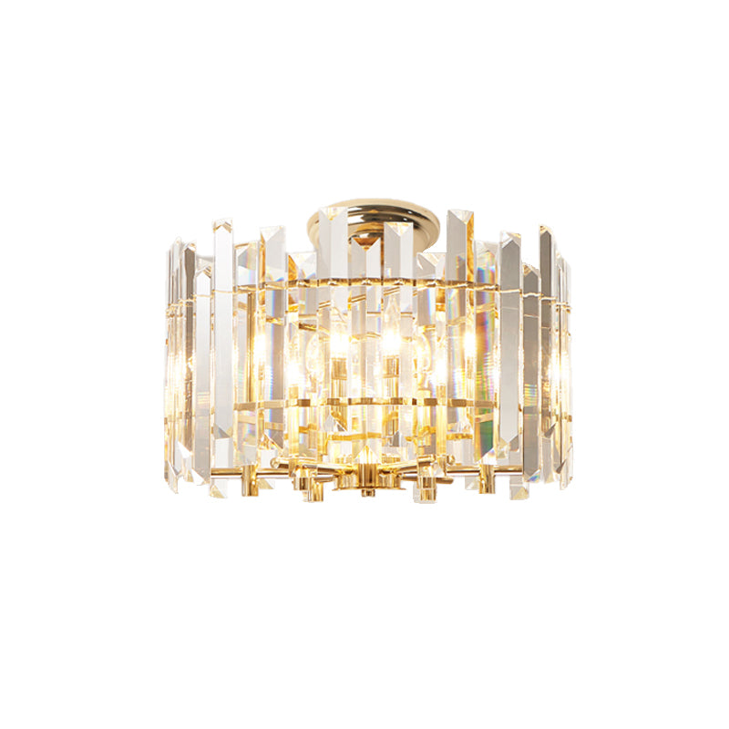 6 Lights Prismatic Crystal Semi Flush Mount Modern Gold Drum Shaped Foyer Close to Ceiling Lamp