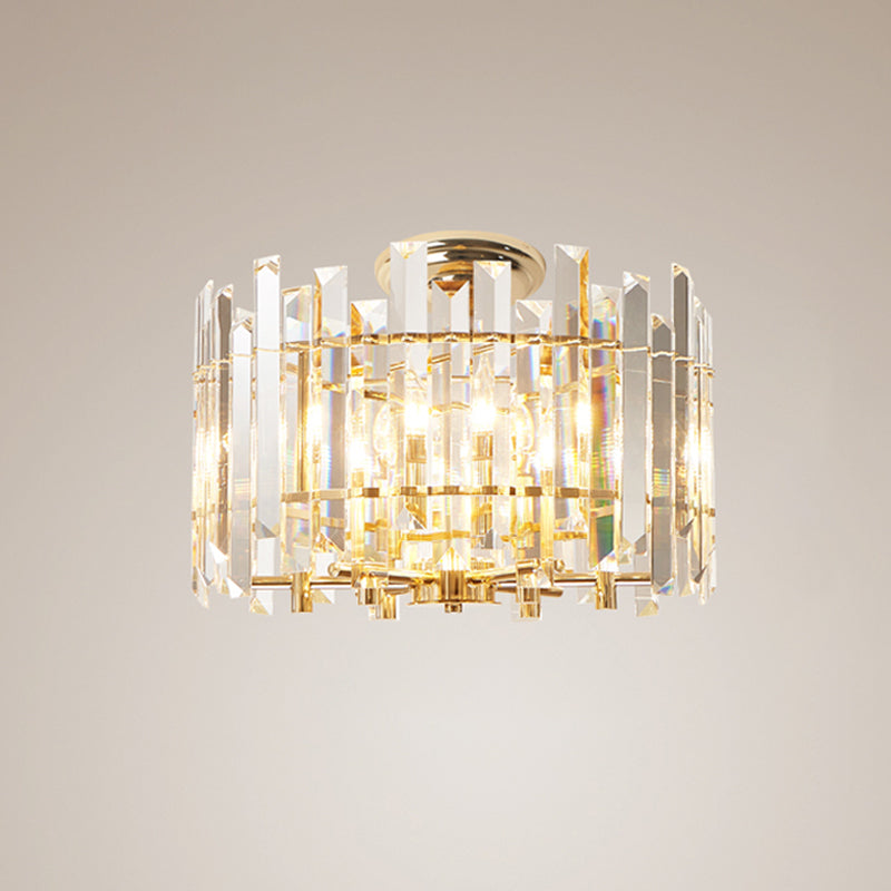 6 Lights Prismatic Crystal Semi Flush Mount Modern Gold Drum Shaped Foyer Close to Ceiling Lamp