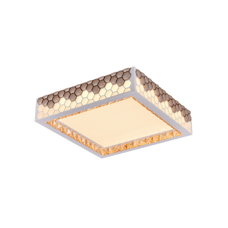 White-Gold Square Flush Light Fixture Modern Crystal Bedroom LED Ceiling Lighting with Honeycomb Design