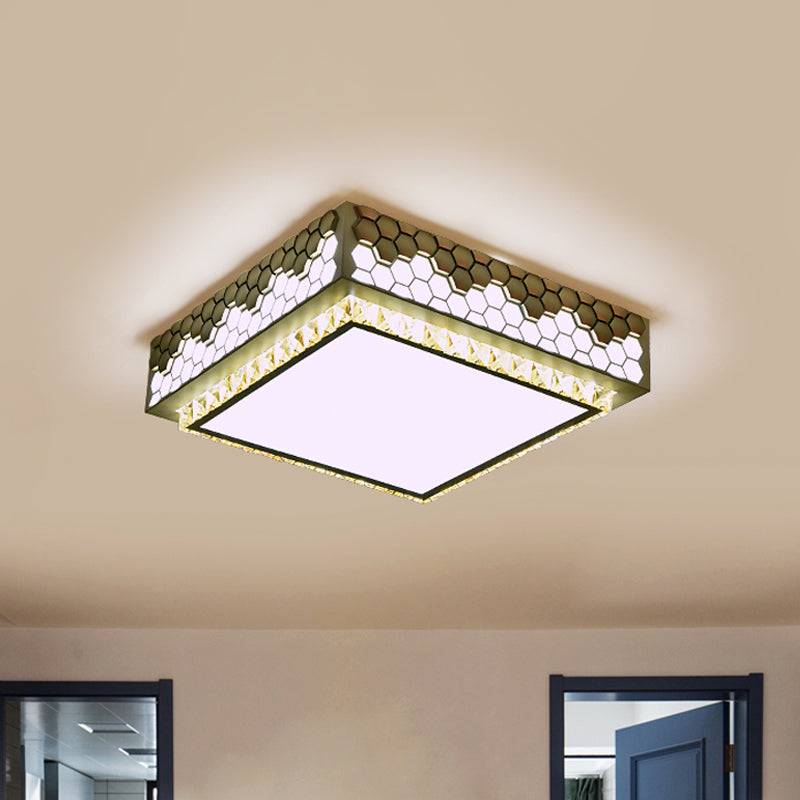 Square Box Bedroom Ceiling Lamp Modern Crystal LED White Flush Mount with Honeycomb Side