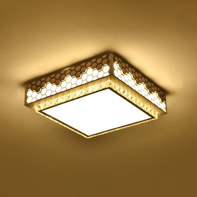 Square Box Bedroom Ceiling Lamp Modern Crystal LED White Flush Mount with Honeycomb Side