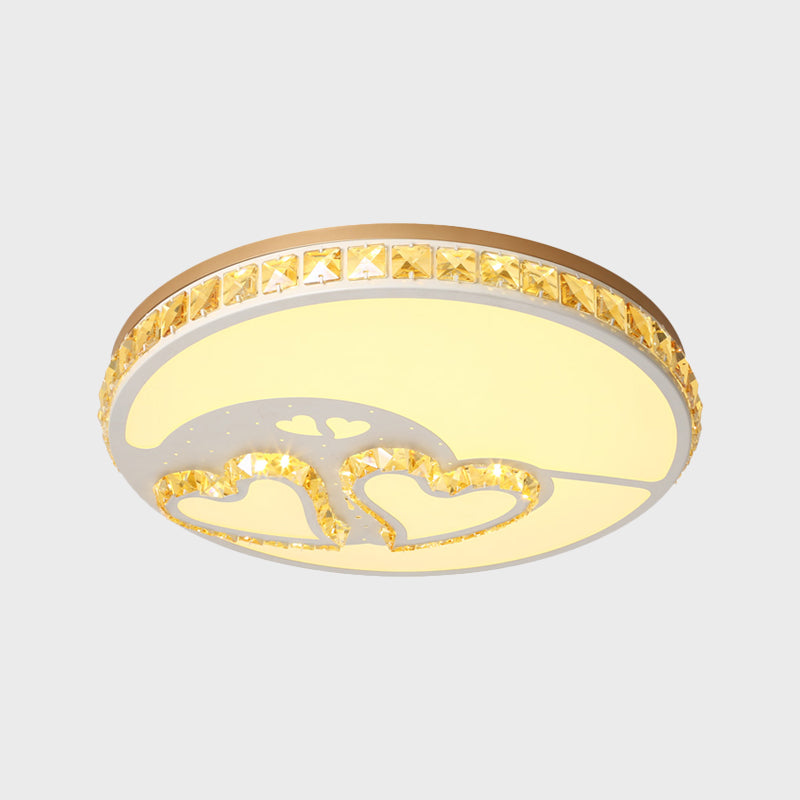 Moon Shaped Crystal Ceiling Flush Minimal Bedroom LED Flush Mount Light with Leaf/Loving Heart/Star Pattern in White