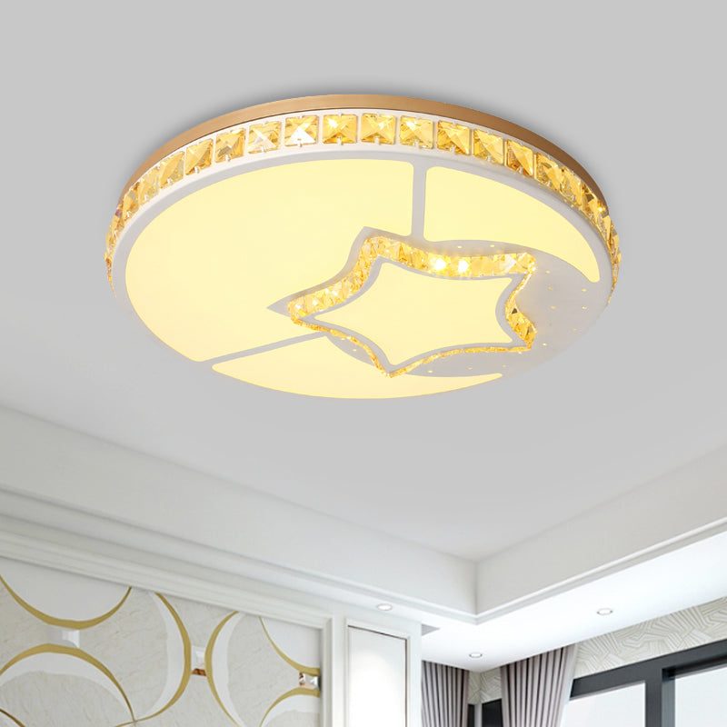 Moon Shaped Crystal Ceiling Flush Minimal Bedroom LED Flush Mount Light with Leaf/Loving Heart/Star Pattern in White