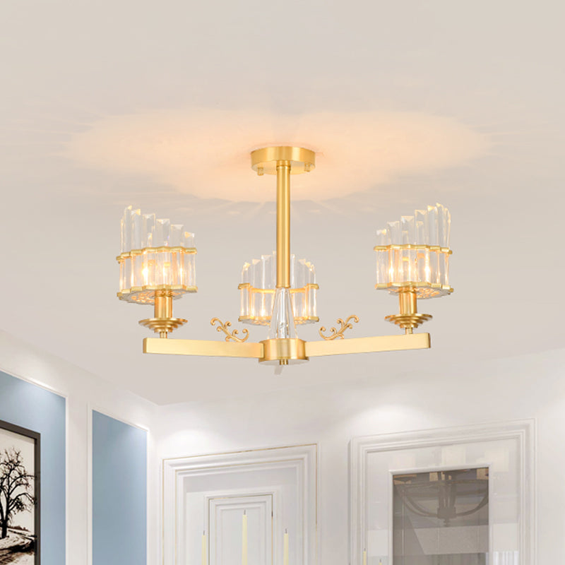 Curved Shape Dining Room Flush Chandelier Postmodern Crystal 3/6-Head Gold Semi Flush Ceiling Light