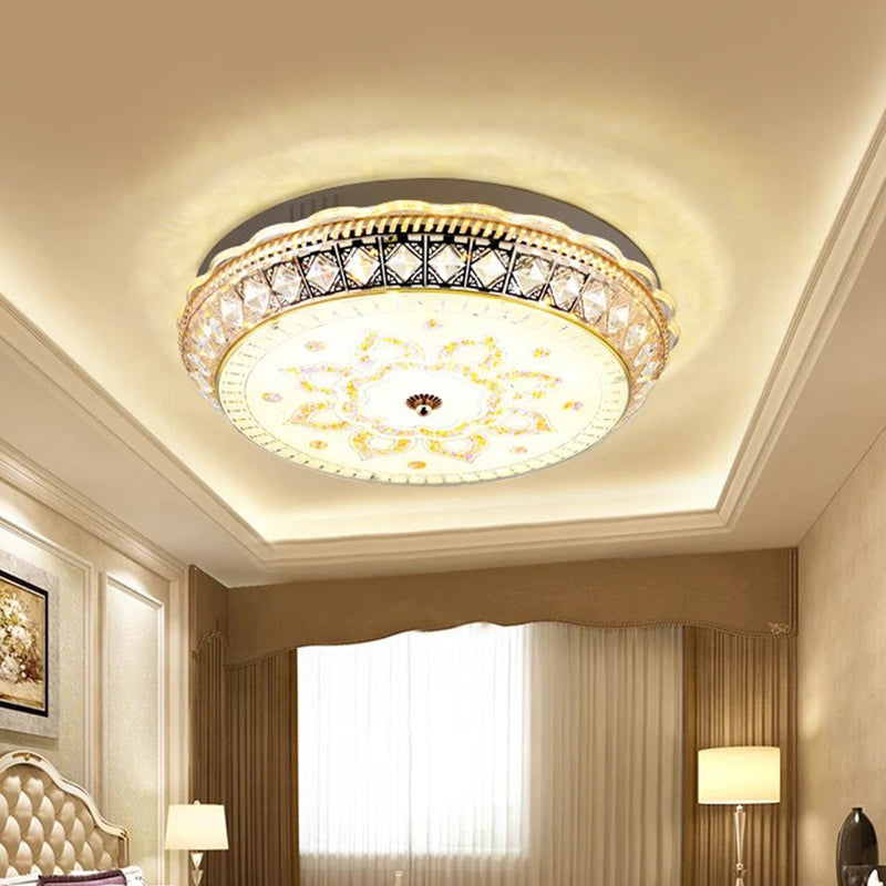 Clear Crystal Embedded Drum Flushmount Modern Living Room LED Flush Ceiling Light with Flower Pattern