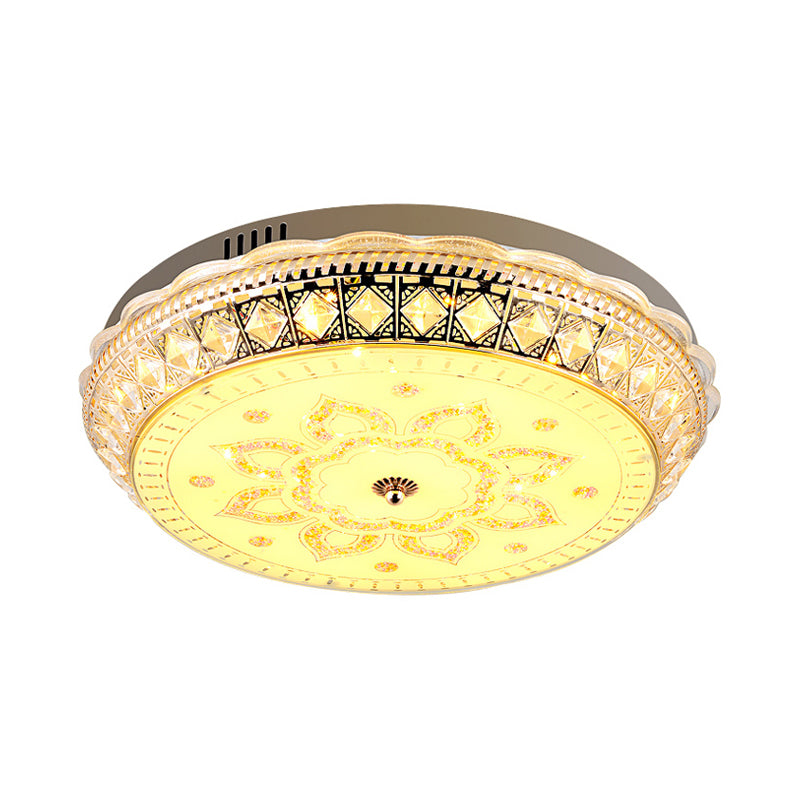 Clear Crystal Embedded Drum Flushmount Modern Living Room LED Flush Ceiling Light with Flower Pattern