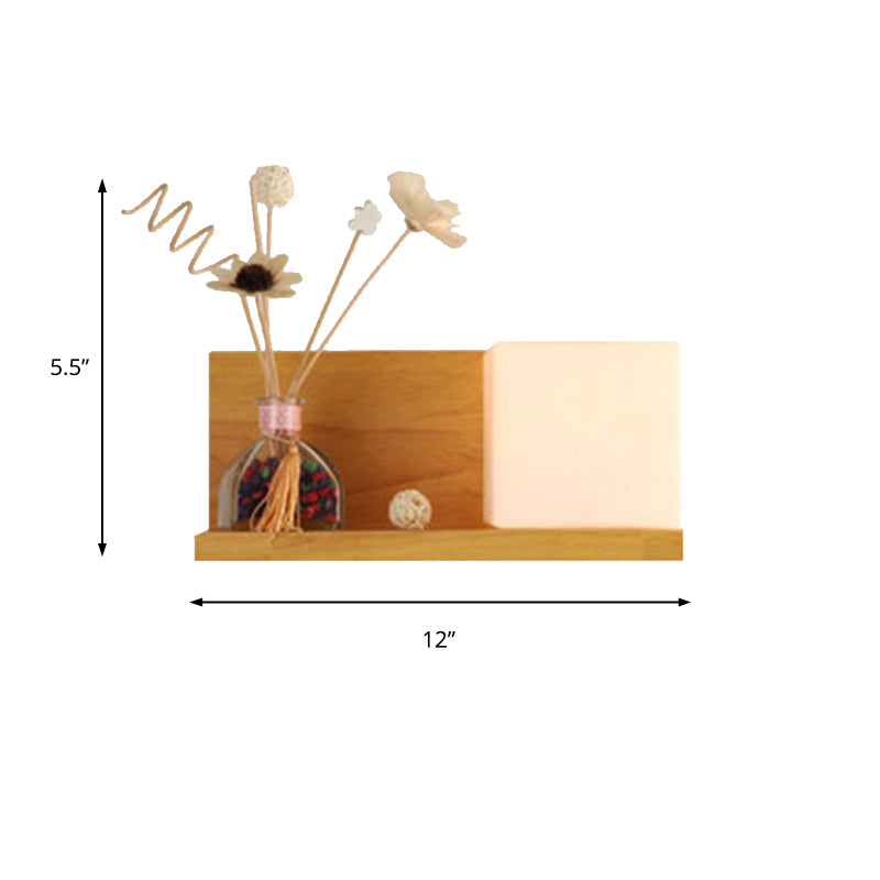 Contemporary Beige Wall Lamp with Fake Plant Deco Cube Shade 1 Light Wood & Milk Glass Sconce Light for Bedroom