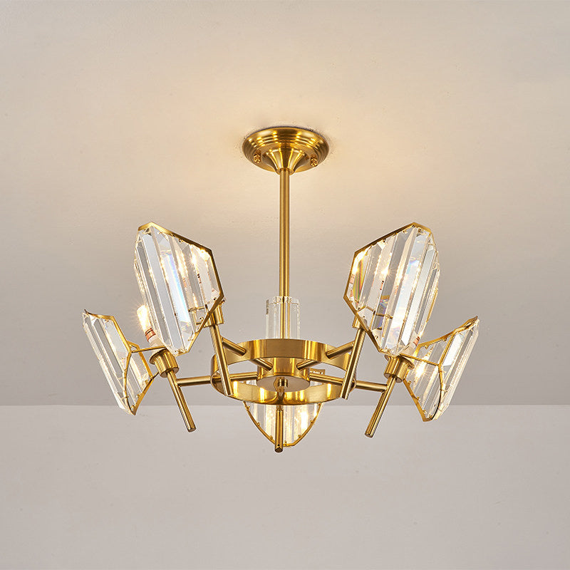 Gold 5/6-Bulb Flush Mount Chandelier Post-Modern Crystal Curved Shade Semi Flush Ceiling Light