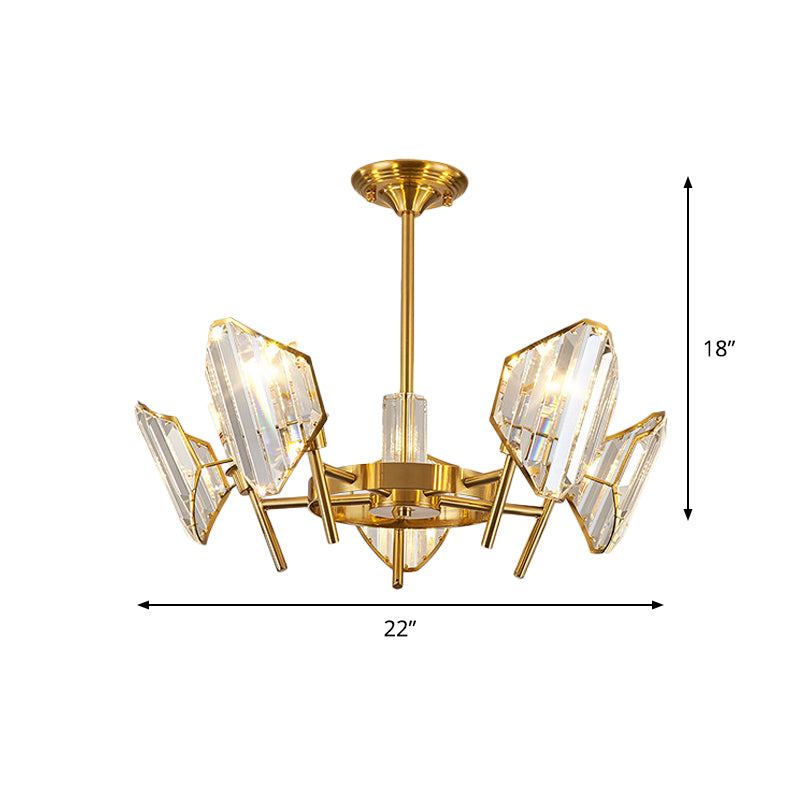 Gold 5/6-Bulb Flush Mount Chandelier Post-Modern Crystal Curved Shade Semi Flush Ceiling Light