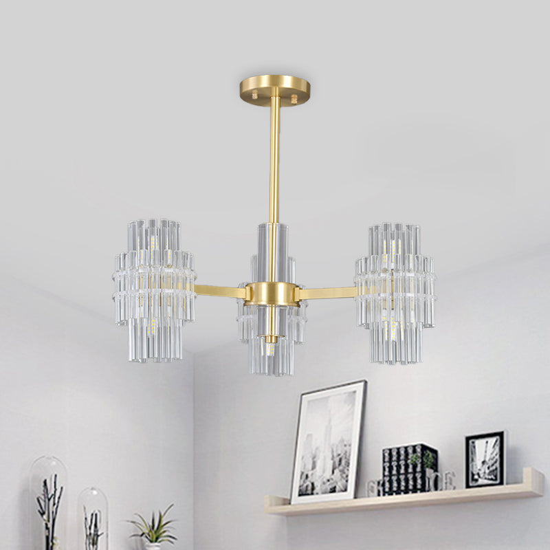 6-Light Semi Mount Lighting Postmodern Cylinder Clear Crystal Rods Close to Ceiling Light in Gold