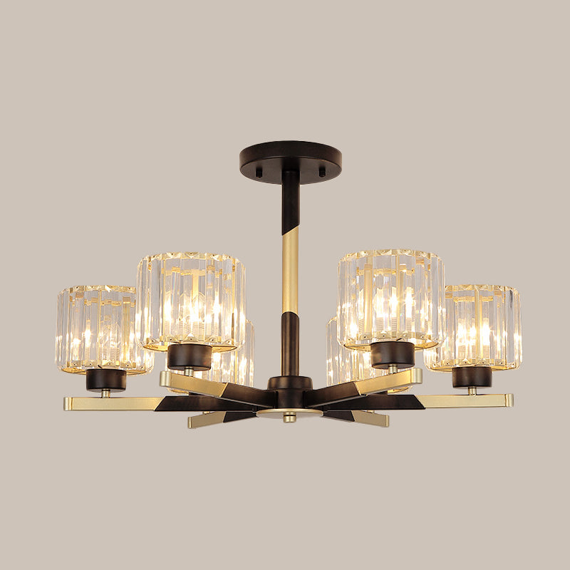Cylindrical Crystal Semi Flush Chandelier Modern 6/8-Head Living Room Flush Ceiling Light in Black