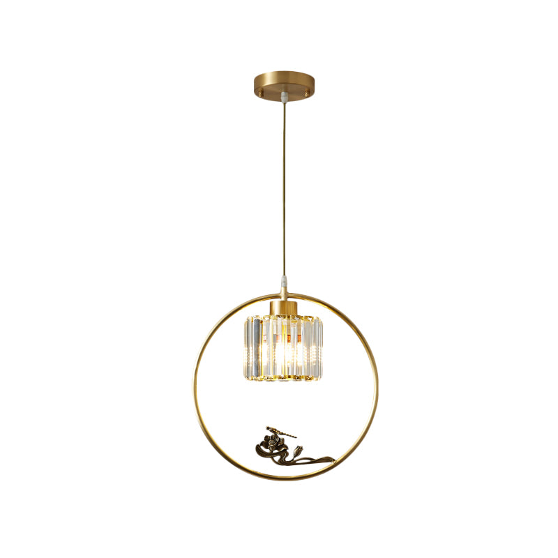 Cilindro in cristallo a 1 luce giù per l'illuminazione moderna ciondolo a sospensione della sala da pranzo con uccello/libellula decorativa