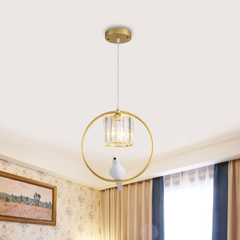 Pendulum a cerchio nero/oro Light Iron Iron 1 Testa Pendente a caduta del soggiorno con ombra di cristallo per uccelli e cilindri