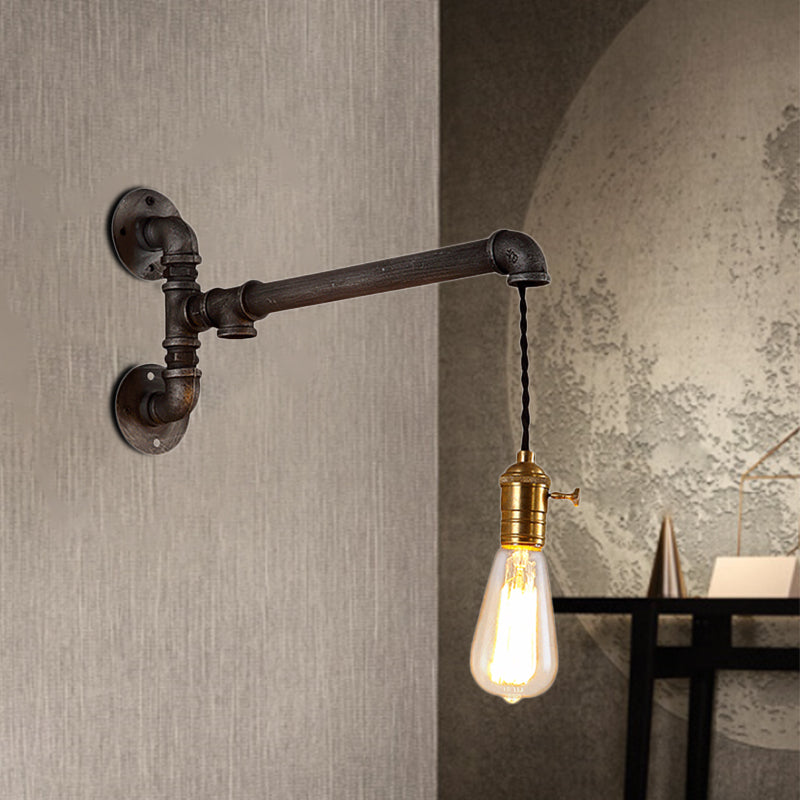 Steampunk Offene Glühlampenwandleuchte mit hängendes Kabel und Rohr 1 Leuchte Metallwand leuchtet in gealtertem Silber