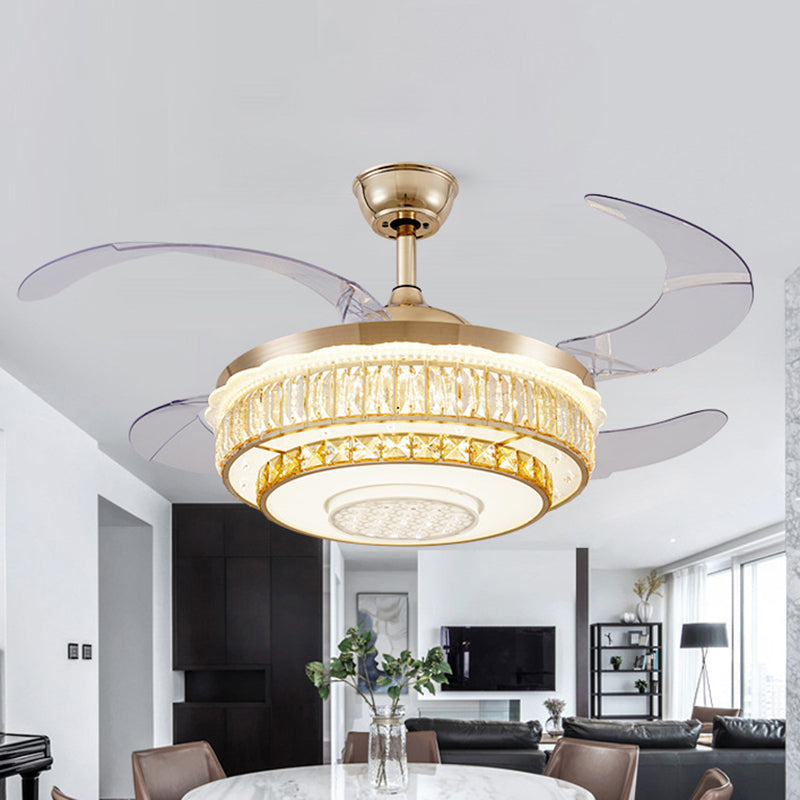 4 Blades LED plafondventilator Lamp Hedendaagse cirkelvormige helderhelige kristalblokken Semi -spoellicht in goud, 42 "breedte