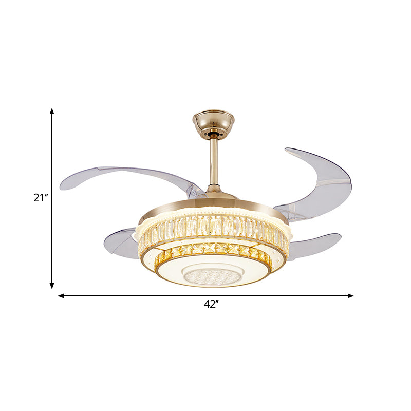 4 Blades LED plafondventilator Lamp Hedendaagse cirkelvormige helderhelige kristalblokken Semi -spoellicht in goud, 42 "breedte