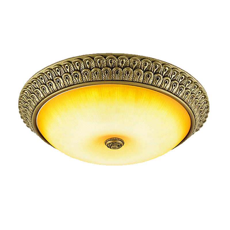Rustic Circular Flush Light Amber Glass LED Ceiling Mounted Fixture in Gold, 12"/16"/19.5" Wide