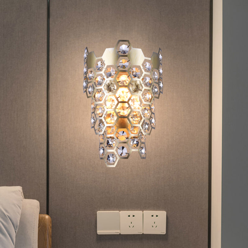 Contemporary Tapered Flush Wall Sconce 3 Bulbs Hexagon-Crystal Embedded Wall Mounted Light in Champagne