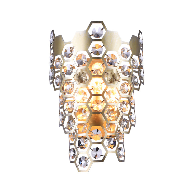 Contemporary Tapered Flush Wall Sconce 3 Bulbs Hexagon-Crystal Embedded Wall Mounted Light in Champagne